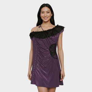 Purple One Shoulder Bodycon Dress Womens Large Lace Cutout Baddie Sleek Jewels